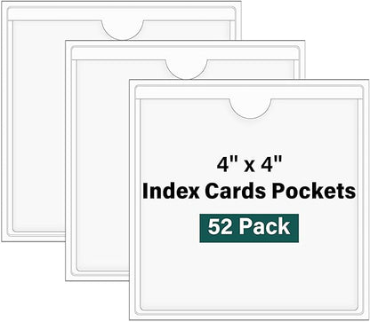 52 Pack Index Card Pockets with Top Open, 4 x 4 Inch Adhesive Label Pockets Clear Plastic Index Card Holder for Organizing, Storage Bins, Library Cards, Notes