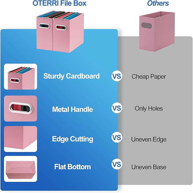 Oterri File Organizer, Small Storage Box, Cardboard File Folder Organizer, Collapsible File Box, Hanging File Organizer for Letter Size, Portable File Box with Handle, Only Box（Pink，6 Packs）