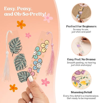 48PCS Bookmark Making Kit, 24 Acrylic Bookmark Blanks with 24Pcs Tassels, 24 UV Stickers About Flower Theme, DIY Blank Bookmarks Waterproof UV DTF Transfers Stickers for Clear Bookmarks DIY Projects