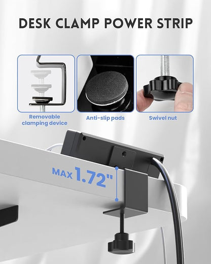 Desk Clamp Power Strip, 10FT Outlet Station with 2 Outlets, PD 20W Fast Charging, Flat Plug, 16 Gauge, Black Power Strip with USB C, Fit 1.72" Tabletop Edge