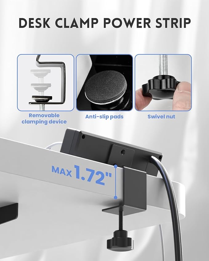 Desk Clamp Power Strip, 6FT Desk Outlet Station with 3 Outlet, PD 20W Fast Charging, Flat Plug, 16 Gauge, Black Desk Power Strip with USB C, Fit 1.72" Tabletop Edge
