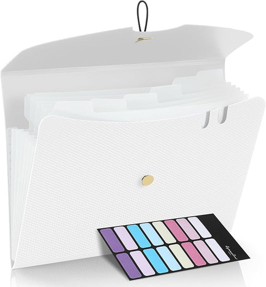 Sooez 7 Pocket Expanding File Folder, Premium Accordion File Organizer, Letter Size Folders for Documents, Sleek Filing Folders with Bungee Closure, Portable Folders for School Office Supplies, White