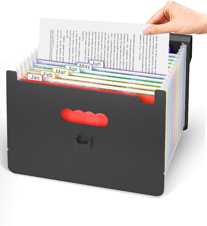 Accordion File Organizer/Expanding File Folder with Handle,13 Pockets Filing Box,Perfect for Desk top Stand/Portabe Document Paper Organizer,A4/Letter Size,Colored Monthly/Blank Tabs,Black Matte