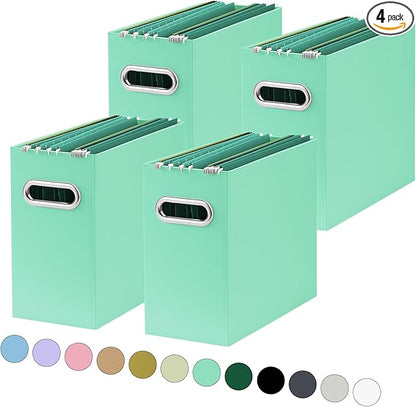 Oterri File Organizer, Small Storage Box, Cardboard File Folder Organizer, Collapsible File Box, Hanging File Organizer for Letter Size, Portable File Box with Handle, Only Box (Mint Green,4 Packs)