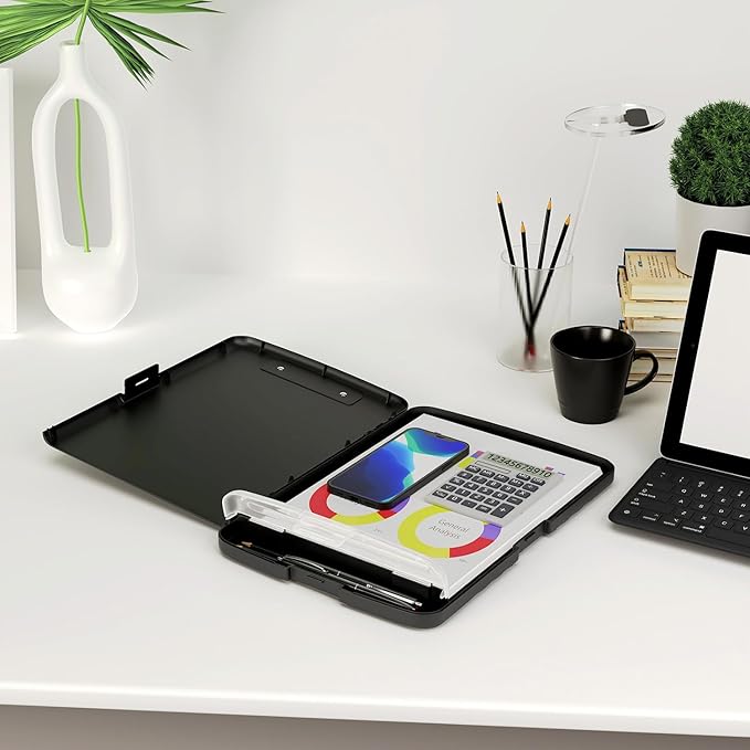 Piasoenc Clipboard with Storage, 8.5 x 11 Organization Box with Pen Holder and A4 Legal Paper Folder, Heavy Duty Plastic, Folio & Side-Opening, Low Profile Clip for Nurses, Teachers, Lawers, Black