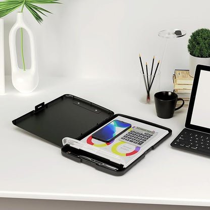 Piasoenc Clipboard with Storage, 8.5 x 11 Organization Box with Pen Holder and A4 Legal Paper Folder, Heavy Duty Plastic, Folio & Side-Opening, Low Profile Clip for Nurses, Teachers, Lawers, Black