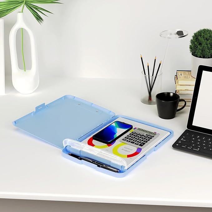 Piasoenc Clipboard with Storage, 8.5 x 11 Organization Box with Pen Holder and A4 Legal Paper Folder, Heavy Duty Plastic, Folio & Side-Opening, Low Profile Clip, for Teachers, Lawers, Dark Blue