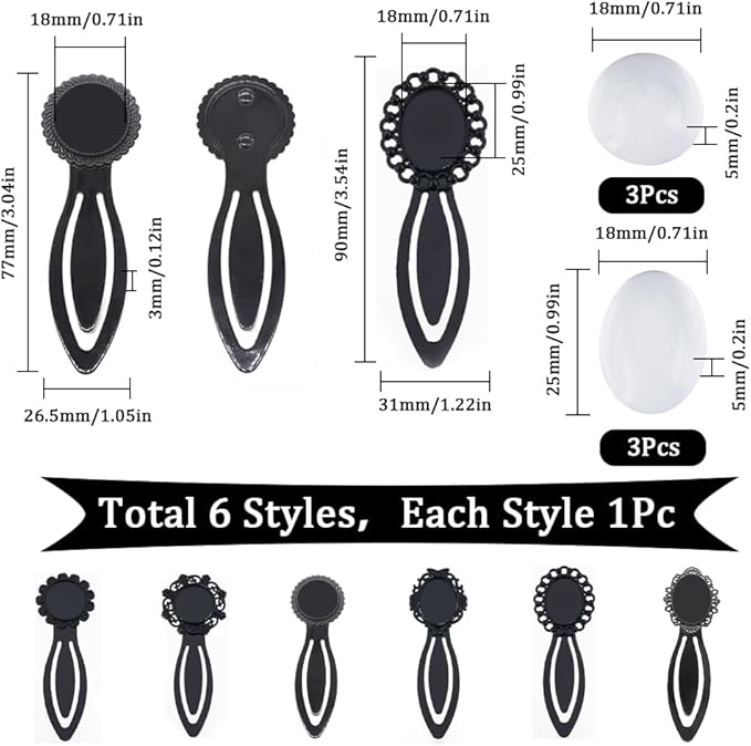 SUNNYCLUE 1 Box 12Pcs DIY 6 Sets Cabochon Bookmark Retro Style Black Metal Bookmarks Blanks Glass Dome Vintage Bookmark Bezel Tray Book Marks Clip Round Oval Clear Cabochons for Bookworm DIY Crafts