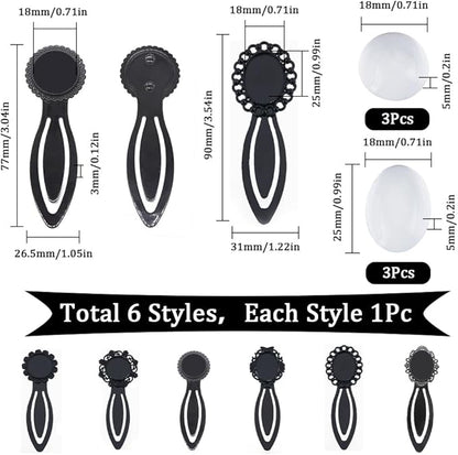 SUNNYCLUE 1 Box 12Pcs DIY 6 Sets Cabochon Bookmark Retro Style Black Metal Bookmarks Blanks Glass Dome Vintage Bookmark Bezel Tray Book Marks Clip Round Oval Clear Cabochons for Bookworm DIY Crafts