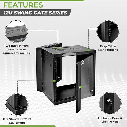 NavePoint Server Cabinet with Hinged Back - 17.7' Deep, 12U Rack Enclosure with Locking Glass Door, Wall Mount Rack with Removable Side Panels, Network Cabinet with 2 Fans, Assembled