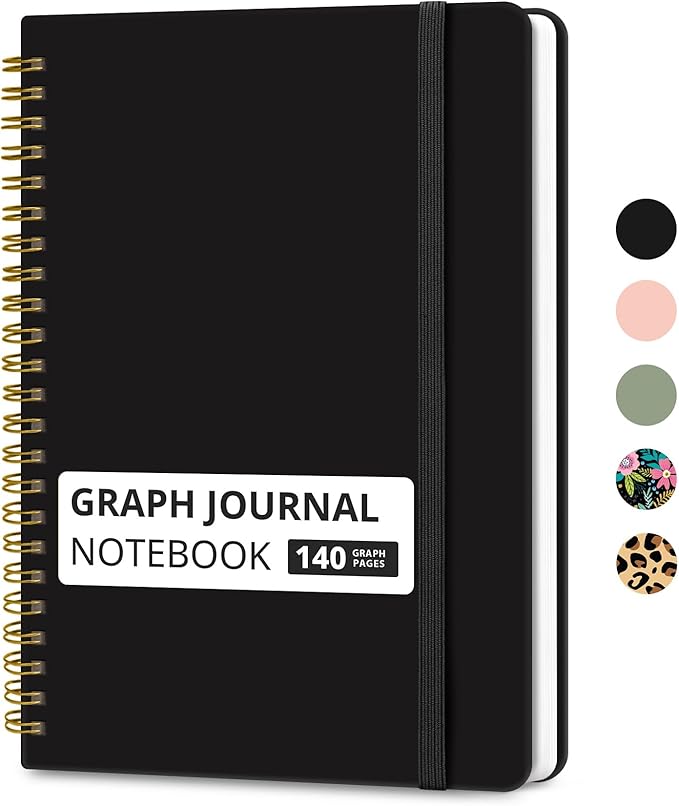 Taja Graph Spiral Journal Notebook for Women & Men, 140 Pages, Graph Paper Hardcover Notebook for Planning & Tracking, Journals for Graphing, A5(6"x8") - Black