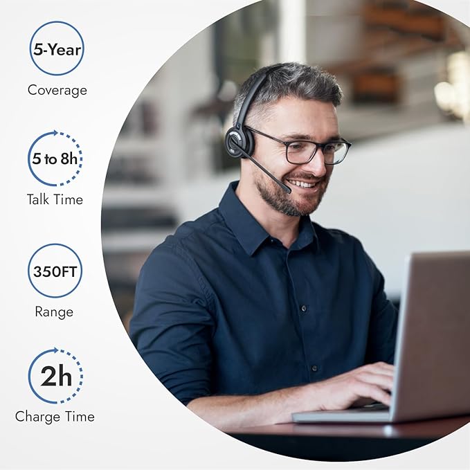 Leitner LH370 3-in-1 Wireless Office Headset with Mic – Computer, Telephone, and Cell Phone Headset – 5 Year Warranty – Single-Ear