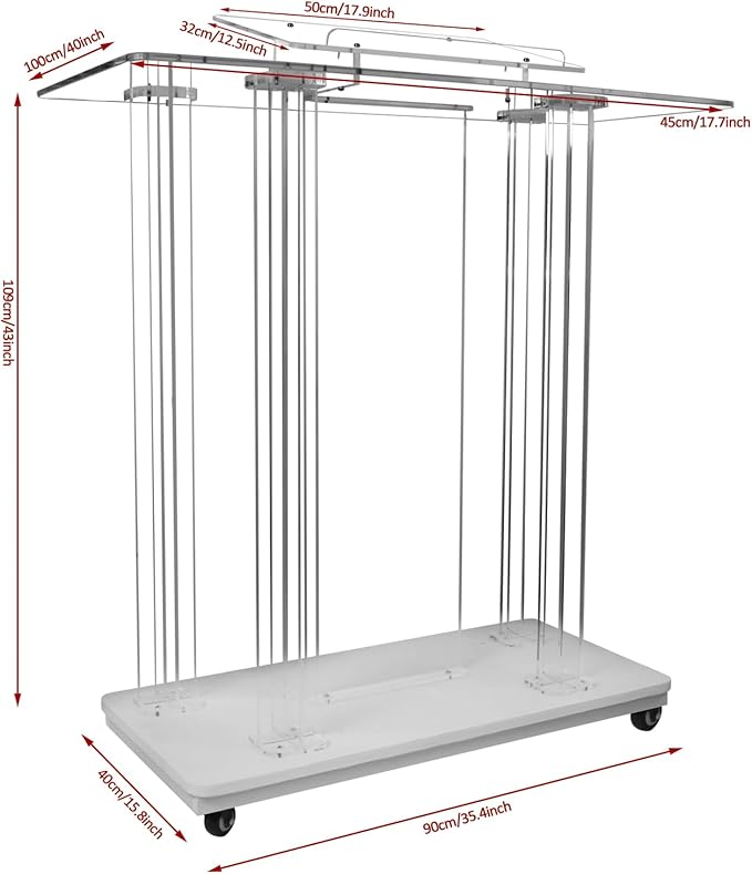 Acrylic Pulpits for Church with LED Lights 46" Tall Podium Stand with Wheels and Reading Platform, Clear Lectern for Speech, Classroom, Churches, Lecturn