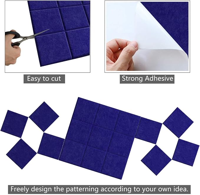 Large Felt Board Tiles for Wall with 30 Push Pins, 11.8"x11.8" Pack of 6 Pin Board Notice Boards for Home Office Kitchen, Bulletin Board Wall Tiles for Photos Memos (Dark Blue, 6 Pack)