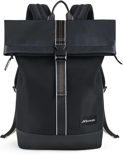 Rolltop Travel Commuter Backpack for Men Black Faux Leather Knapsack and Laptop Compartment College Necessities Casual Daypack Expandable Bag