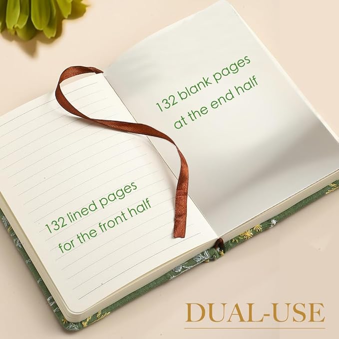 Pocket Notebook, A6 Journal, Small Embroidered Journal, Cute Fabric Notebook, Lay Flat Hardcover Journal, 4x6 Lined Notebook & Sketchbook, Personal Writing Journal for Women, Green Dandelion