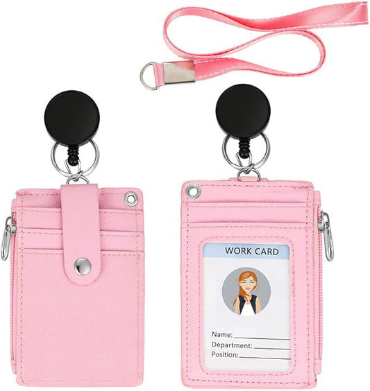 Cute ID Badge Holder Retractable Lanyard Reel Clip with Heavy Duty Carabiner, 5 Card Slots in 2 Sided with Key Ring and Zipper for Students Teens Boys Girls Office Staff Women (Pink)