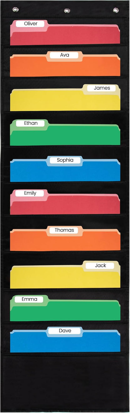 10 Pocket File Pocket Chart, Black, 14" Wide x 47" Tall - Versatile Wall Hanging File Folder Organizer for Classroom, Office, Home, and More - Wall Folder Organizer - 10 Pockets