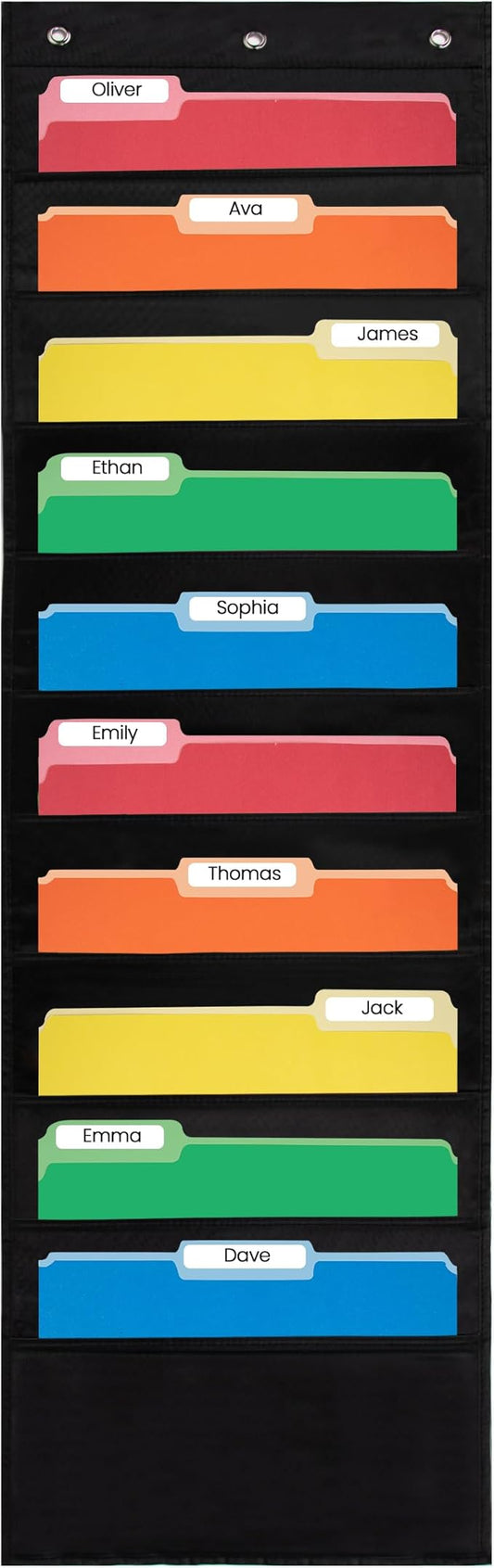10 Pocket File Pocket Chart, Black, 14" Wide x 47" Tall - Versatile Wall Hanging File Folder Organizer for Classroom, Office, Home, and More - Wall Folder Organizer - 10 Pockets
