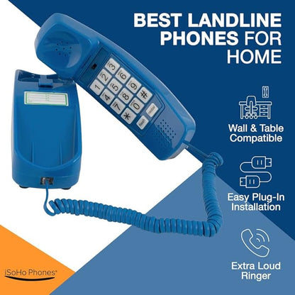 iSoHo Phones - Hearing Device-Friendly Phone – Gentle on Aching Hands, Easy-to-Press Buttons, Wall-Mountable, Custom Ringtone/Volume, Adjustable Ringer & Call Waiting - Lighted Keypad, Classic Blue