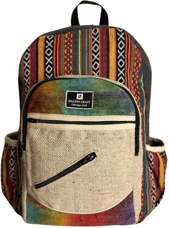 Zillion Craft himalayan hemp back pack. Hand made Bohemian style large size back pack for college laptop travelling. Multi pocket strong back pack.