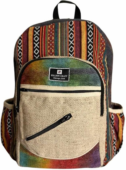 Zillion Craft himalayan hemp back pack. Hand made Bohemian style large size back pack for college laptop travelling. Multi pocket strong back pack.