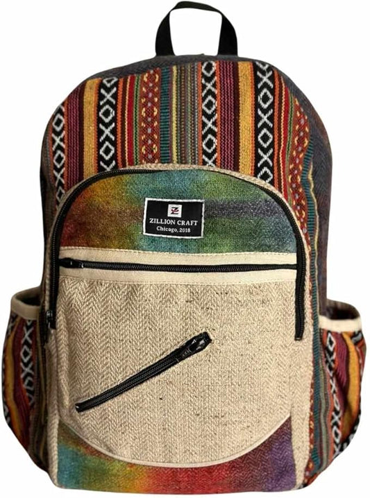 Zillion Craft himalayan hemp back pack. Hand made Bohemian style large size back pack for college laptop travelling. Multi pocket strong back pack.