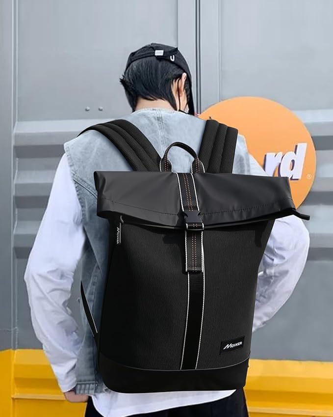 Rolltop Travel Commuter Backpack for Men Black Faux Leather Knapsack and Laptop Compartment College Necessities Casual Daypack Expandable Bag