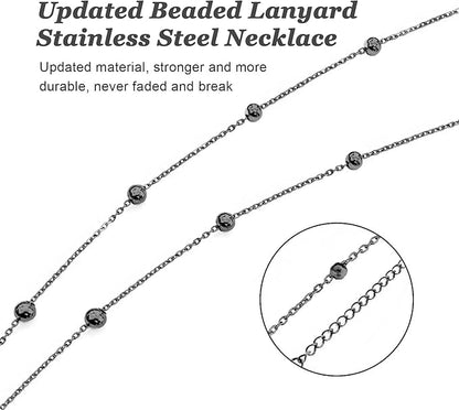 Retractable Badge Reel Lanyard with 2 Pieces ID Holder for Women, Fashion Beaded Chain Premium Stainless Steel Lanyard Necklace Water Resistant Name Badge Holder (Black)