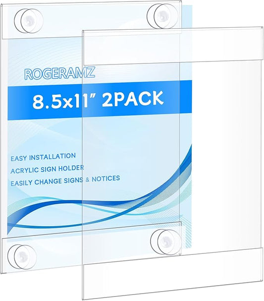 8.5 x 11 Acrylic Sign Holder with 12 Suction Cups, Clear Plastic Window Sign Holder, Wall Mount Advertising Frames for Glass Doors - Perfect for Malls, Offices, Homes, Stores, and Restaurants (2 Pack)