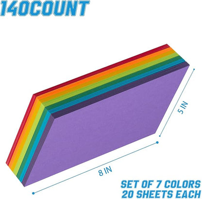 Index Cards 140-Count 5x8 Inch,178GSM Heavyweight Set of 7 Colors Paper Multicolor Study Cards (Rainbow)