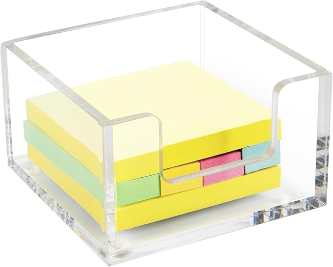 Acrylic Sticky Note Holder 3.9" x 3.9"x 2.4" for Desk Organization Office Home School Post Bank Memo Dispenser (DP012)