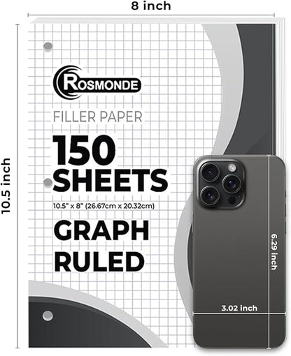 Graph Paper 3 Pack, 450 Sheets, 4x4 Grid Paper, 8" x 10.5", 3 Hole Punched, Notebook Paper, 54 GSM Thick Graphing Paper, Quad Ruled Graph Paper, Loose Leaf Paper, Back to School Supplies