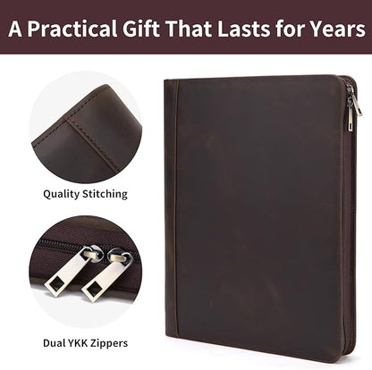 Personalized Genuine Leather Portfolio Binder, Zippered Padfolio for Men Women, Business Folio with 8.5” x 11” Notebook Holder and 13” Laptop Sleeve, Professional Folder, Dark Khaki