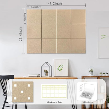 Large Cork Board for Office Wall Decor,48"x36"-12 Pack Felt Wall Tiles with 35 Push Pins, Thicker 0.47in, Felt Bulletin Board Pin Board Cork Boards for Walls - Tan