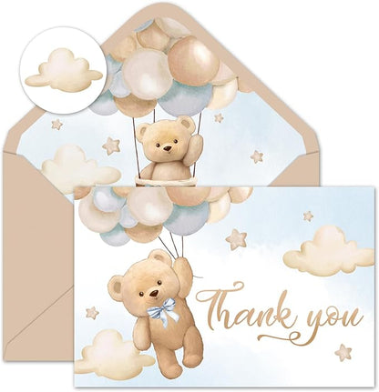 Whaline 24Pcs Bear Thank You Cards Watercolor Bear Balloon Greeting Cards with Envelope Stickers Cartoon Blank Note Cards for Birthday Wedding Baby Shower Party Supplies, 4 x 6 Inch