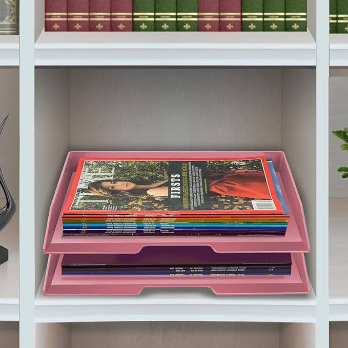 Acrimet Stackable Letter Tray 2 Tier Side Load, Plastic, Desktop File Organizer (Solid Pink Color)