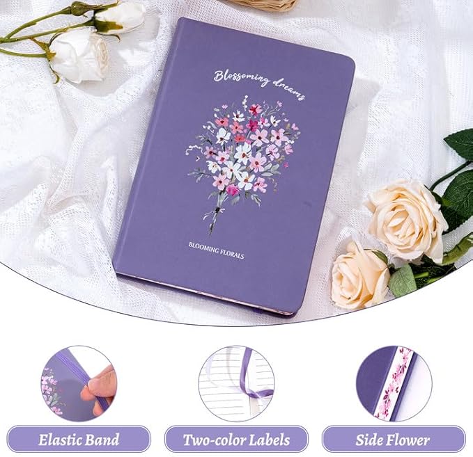 Lined Journal Notebook for Women 320 Pages Thick Floral Diary A5 Aesthetic Hardcover Journaling Notebooks for Writing with Gift Box, 5.7 x 8.3 In, Purple