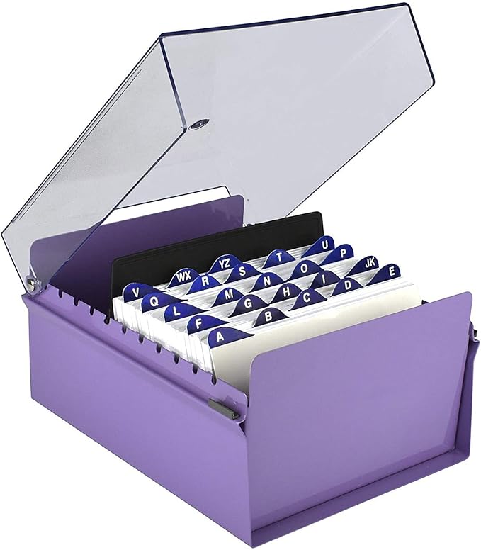 Acrimet 5 X 8 Card File Holder Organizer Metal Base Heavy Duty (AZ Index Cards and Divider Included) (Purple Color with Clear Crystal Plastic Lid Cover)