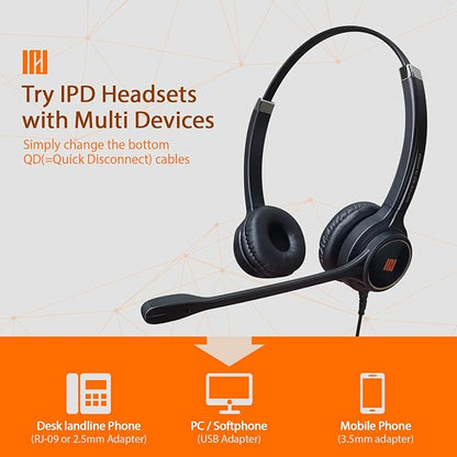 IPD IPH-255 Phone Headset with Noise Cancelling Microhone for Office and Call Center- Comapatible with Polycom VVX,Aastra,Avaya Digital, Nortel, Samsung,Mitel landline Phones