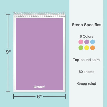 Oxford Steno Spiral Notebooks, Top Bound Steno Pads, 6x9 Inches, Gregg Ruled for Lists, White Paper, Asst. Pastel Covers, 80 Sheets, 6 Pack (1007112)