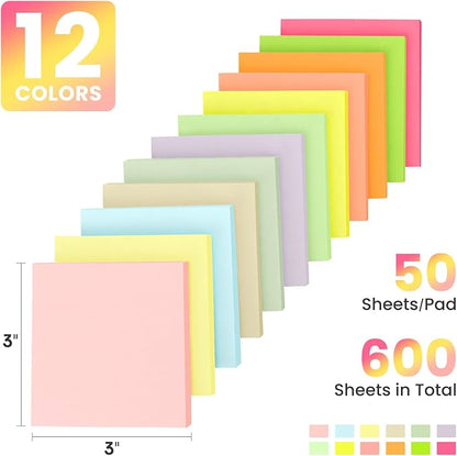 Sticky Notes, 12 Pads, 3x3 inches, Colorful Self-Stick Note Pads, Easy to Post in Office, Home, School - 12 Pastel Colors