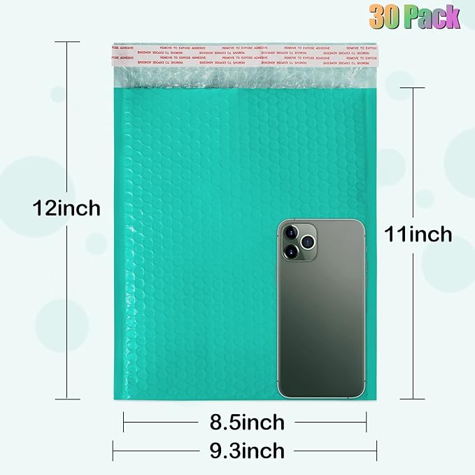 8.5 x 12 Inch Padded Envelope 30 Pack, Self-Seal Poly Bubble Mailers, Waterproof Shipping Bags for Small Business, Teal