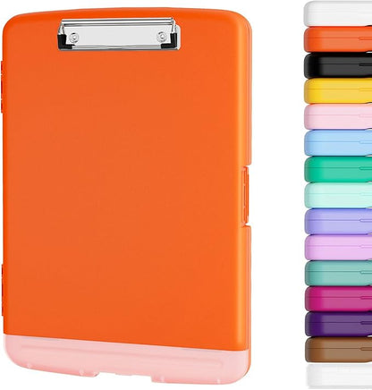 Piasoenc Clipboard with Storage, 8.5 x 11 Organization Box with Pen Holder and A4 Legal Paper Folder, Heavy Duty Plastic, Folio & Side-Opening, Low Profile Clip, for Nurses, Teachers, Orange