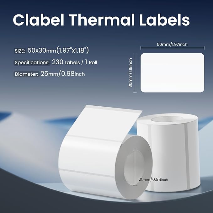 CLABEL 50 x 30mm (1.96'' x 1.18'')-230 Labels/Roll,1 Rolls Multi-Purpose Thermal Stickers Papers Self-Adhesive for Home Business Logo File Jar Gift Sticker Labels (White)
