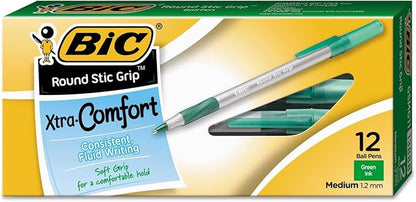 BIC Round Stic Grip Xtra Comfort Ball Pen Medium Pt 1.2mm Green 2DOZEN GSMG11GN