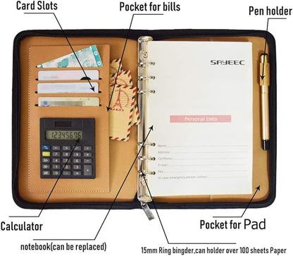 SAYEEC Executive Conference Folder A5 Zipped Portfolio Binder Faux Leather Padfolio Refillable Business Notebook Organizer with Calculator Loose Leaf Paper Gift for Man Women