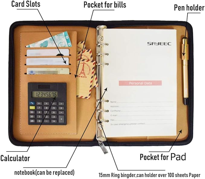 SAYEEC Leather Portfolio Notebook Binder with Calculator A5 6 Ring Refillable Budget Planner Binder Cover with Zipper Zippered Padfolio Organizer Business Journal Conference Folder Gifts for Men Women