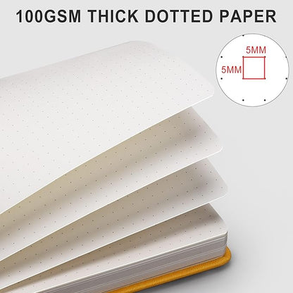 AHGXG Bullet Dotted Journal - 320 Numbered Pages Dot Grid Notebook A5 Thick Journal, 100gsm Thick Dotted Paper, Leather Hardcover,Inner Pocket, 5.75'' × 8.38'' - Yellow