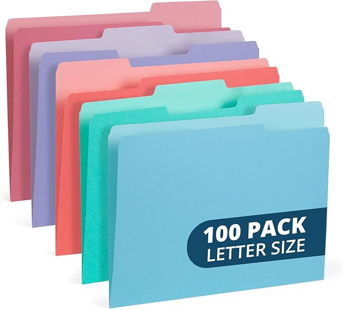 100 Blue Summit Supplies Colored File Folders, 1/3 Cut, Letter Size File Folders, Decorative Multicolor Gem Tone Colors, Durable 11pt Paper, Two-Tone Design
